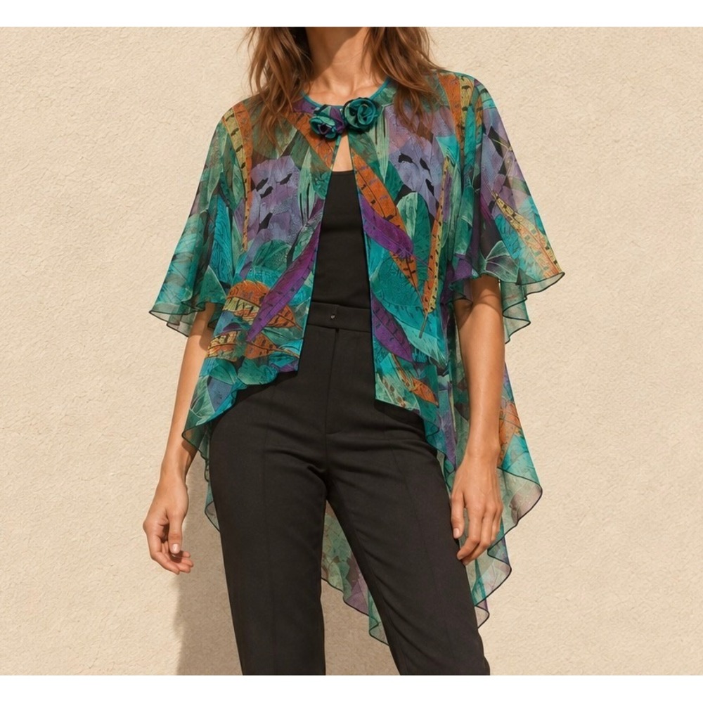 Vintage Miss Dior Boho Green S Tropical Chiffon Rosette High-Low Blouse 1980s